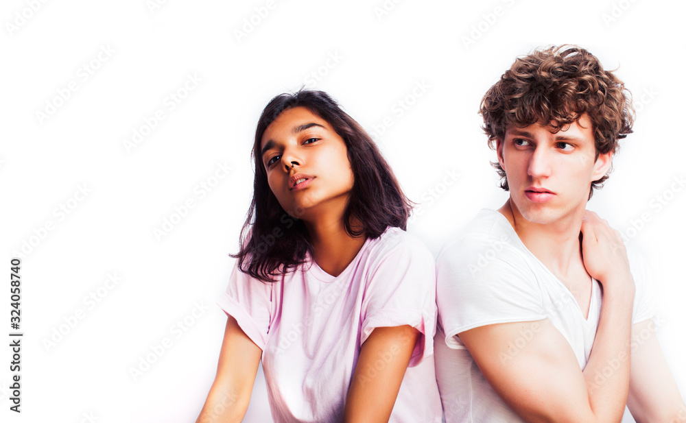 best friends teenage girl and boy together having fun, posing emotional on white background, couple happy smiling, lifestyle people concept, blond and brunette multi nations best friends teenage girl and boy together having fun, posing emotional on white background, couple happy smiling, lifestyle people concept, blond and brunette multi nations