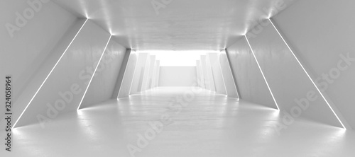 Modern tunnel in futuristic interior with futuristic lighting central perspective 3d render illustration