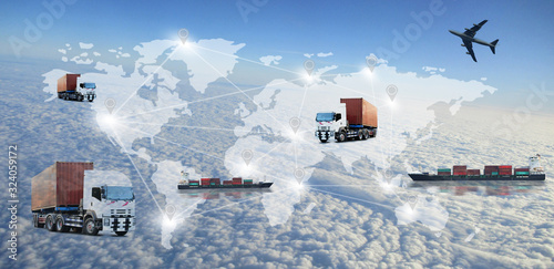 The world logistics , there are world map with logistic network distribution on background and Logistics Industrial Container Cargo freight ship for Concept of fast or instant shipping