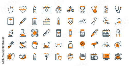 Healthy lifestyle half line half color style icon set vector design