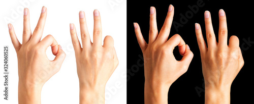 Set of woman hands holding gesture of okay or letter O. Sign of success or luck