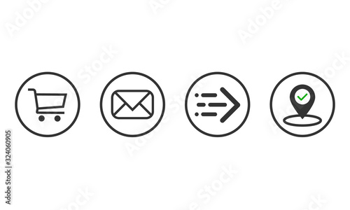 Order delivery status, post parcel package tracking vector icons. Order parcel processing bar, ship, in transit and delivery signs for express courier delivery app and web flat simple icons eps 10