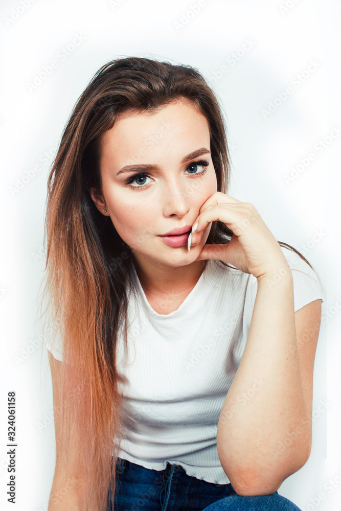 young pretty teenage hipster girl posing emotional happy smiling on white background, lifestyle people concept young pretty teenage hipster girl posing emotional happy smiling on white background, lifestyle people concept