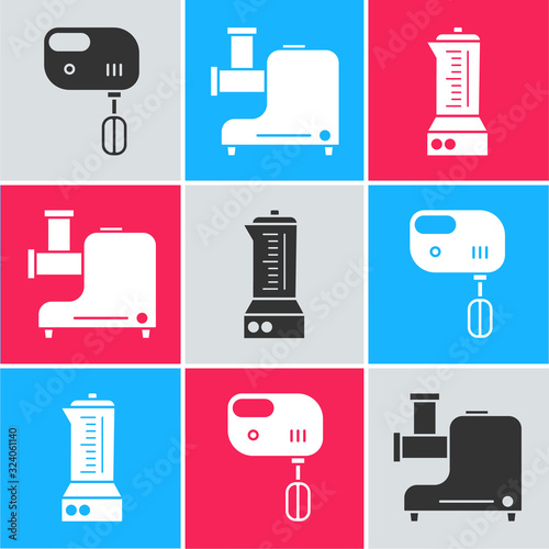 Set Electric mixer , Kitchen meat grinder and Blender icon. Vector