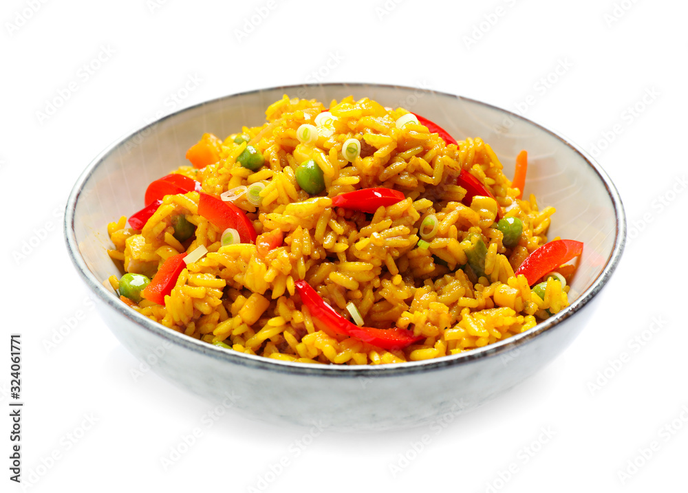 Delicious rice pilaf with vegetables isolated on white
