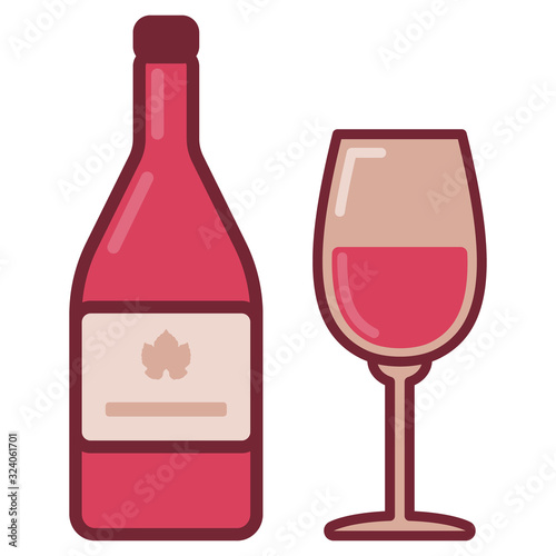 Bottle with rose wine and filled glass. Flat style illustration of pink bottle