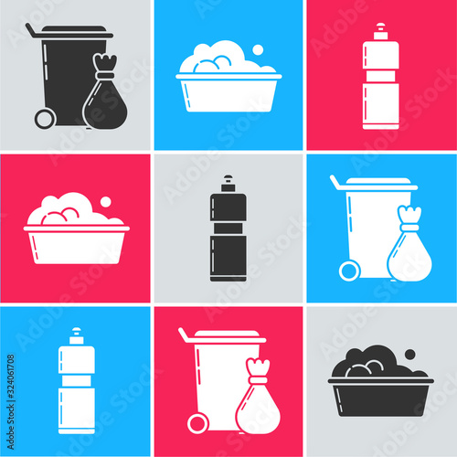 Set Trash can , Plastic basin with soap suds and Plastic bottles for liquid dishwashing liquid icon. Vector