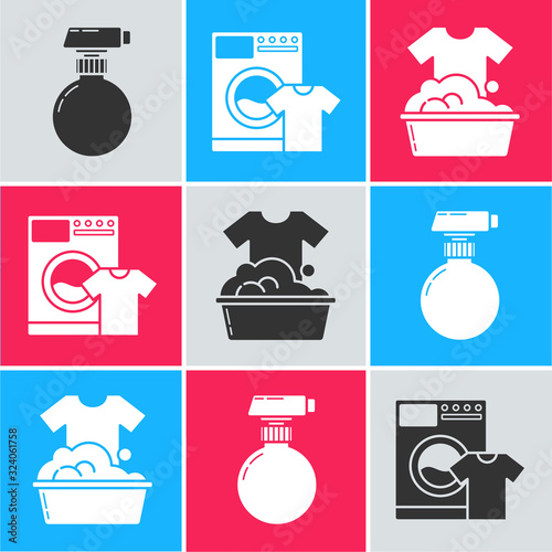 Set Cleaning spray bottle with detergent liquid , Washer and t-shirt and Plastic basin with soap suds icon. Vector