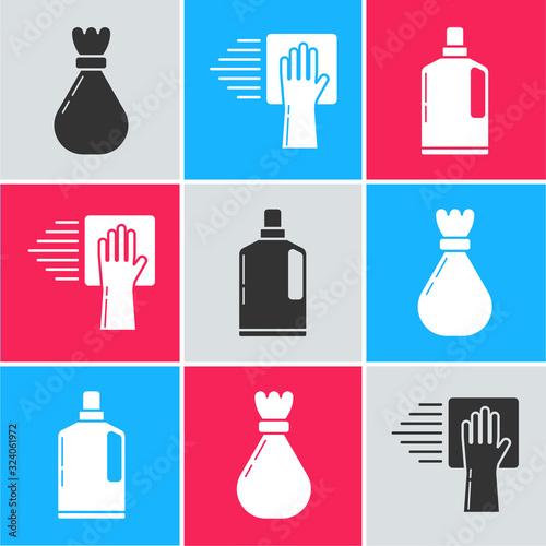 Set Garbage bag , Cleaning service and Plastic bottles for liquid dishwashing liquid icon. Vector