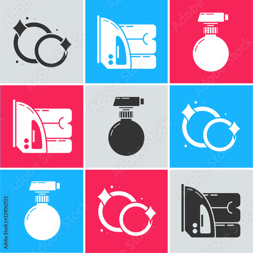 Set Washing dishes , Electric iron and towel and Cleaning spray bottle with detergent liquid icon. Vector