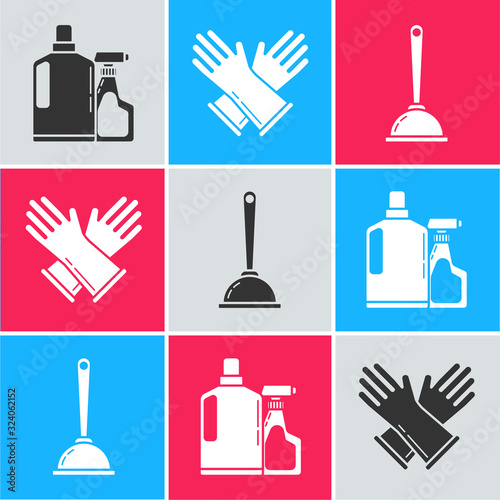 Set Plastic bottles for liquid dishwashing liquid, Rubber gloves and Toilet plunger icon. Vector