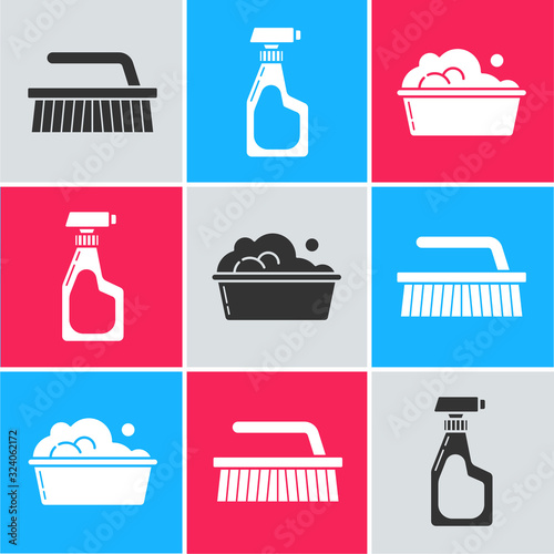 Set Brush for cleaning , Cleaning spray bottle with detergent liquid and Plastic basin with soap suds icon. Vector