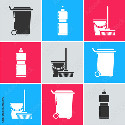 Set Trash can , Plastic bottles for liquid dishwashing liquid and Mop and bucket icon. Vector