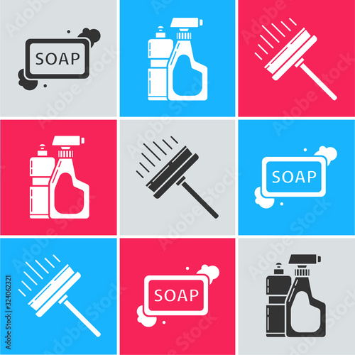 Set Bar of soap with foam , Plastic bottles for liquid dishwashing liquid and Squeegee, scraper, wiper icon. Vector