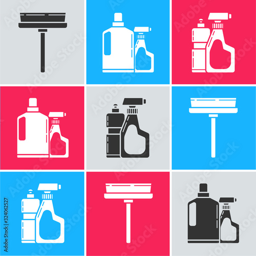 Set Squeegee, scraper, wiper, Plastic bottles for liquid dishwashing liquid and Plastic bottles for liquid dishwashing liquid icon. Vector
