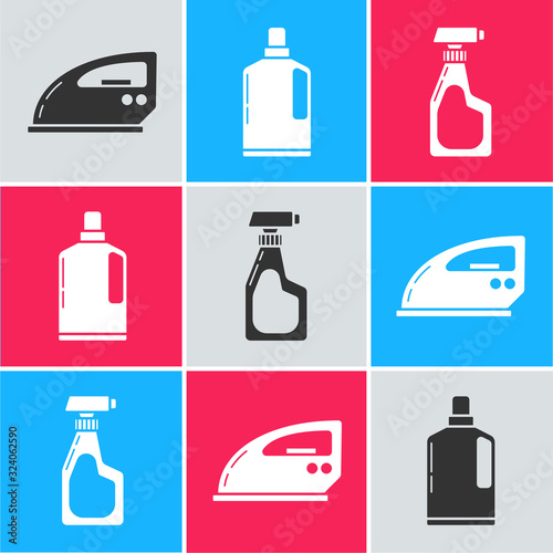 Set Electric iron , Plastic bottles for liquid dishwashing liquid and Cleaning spray bottle with detergent liquid icon. Vector