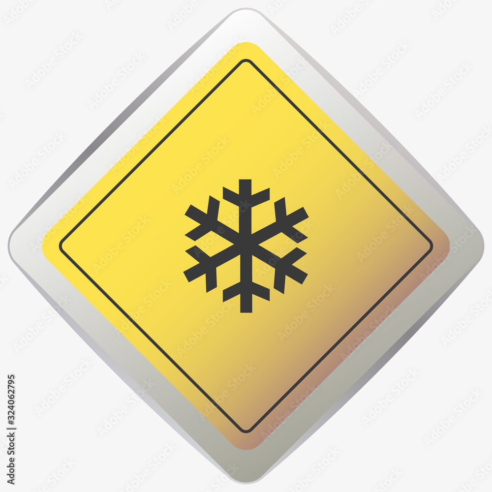 Yellow hazard sign with black snowflake low temperature symbol Yellow hazard sign with black snowflake low temperature symbol