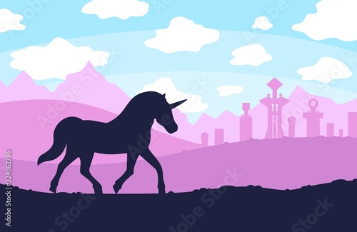 Fairytale landscape with unicorn, vector illustration