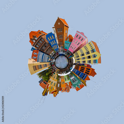 Spherical panorama of a city, little planet.