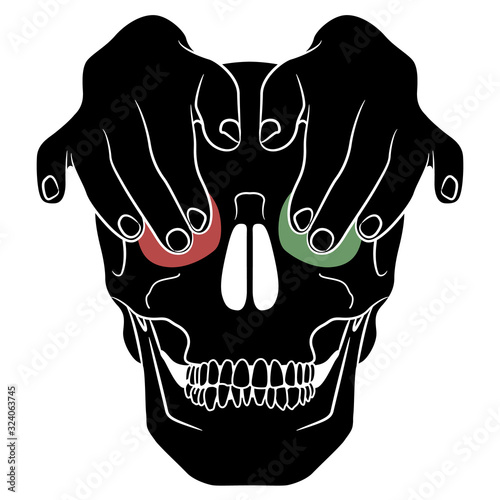 Isolated vector illustration. Two hands covering the eyesockets of a skull. Black and white silhouette.