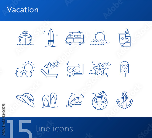 Vacation line icon set. Sunscreen lotion, sun bed, diving. Seaside concept. Can be used for topics like tropical resort, summer activities, holidays