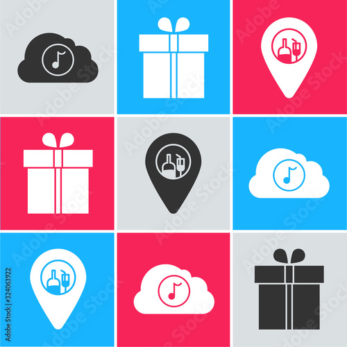 Set Music streaming service , Gift box and Alcohol or beer bar location icon. Vector