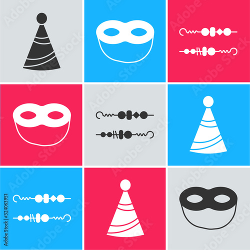 Set Party hat , Festive mask and Grilled shish kebab icon. Vector