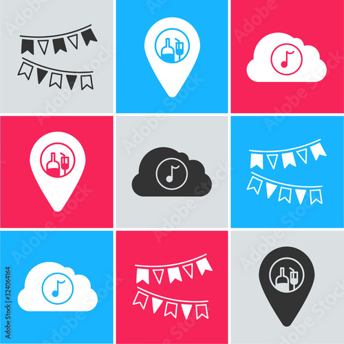 Set Carnival garland with flags , Alcohol or beer bar location and Music streaming service icon. Vector