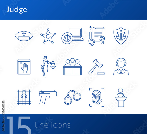 Judge line icon set. Sheriff badge, judge gavel, suspect, gun. Justice concept. Can be used for topics like crime, trial, courthouse