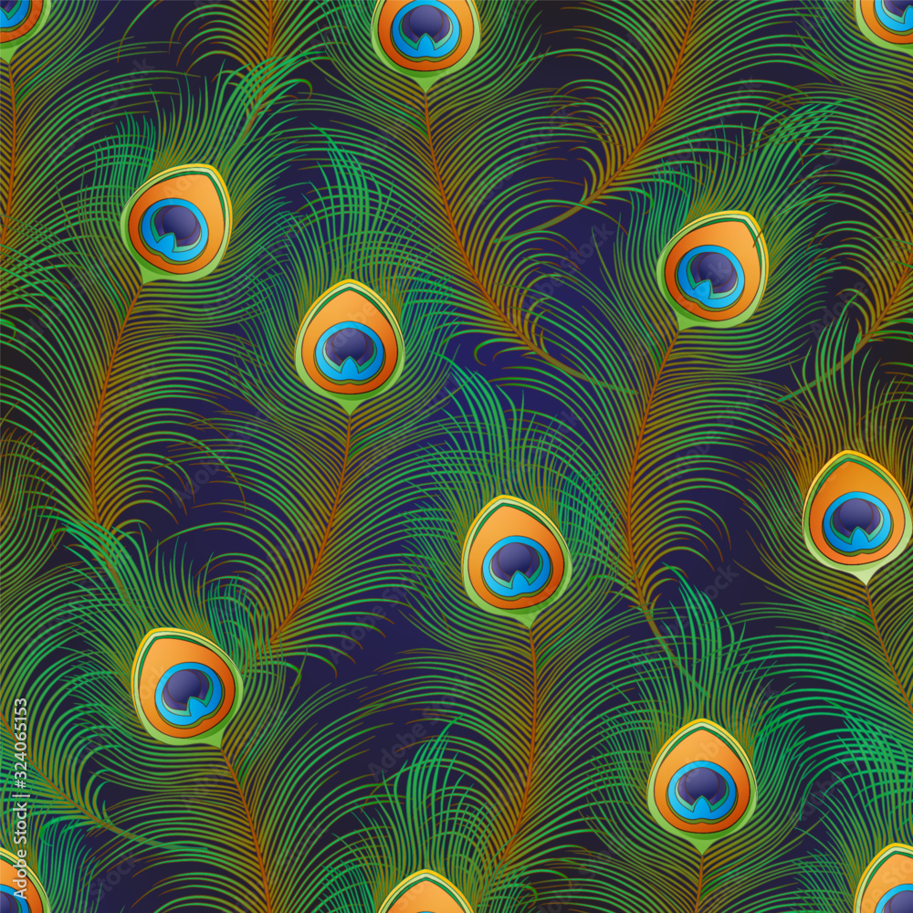 Peacock feathers Seamless pattern, background. Colored vector illustration on dark blue background