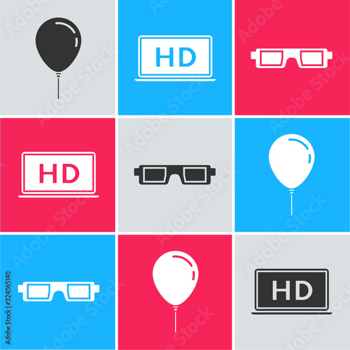 Set Balloon with ribbon , Laptop screen with HD video technology and 3D cinema glasses icon. Vector