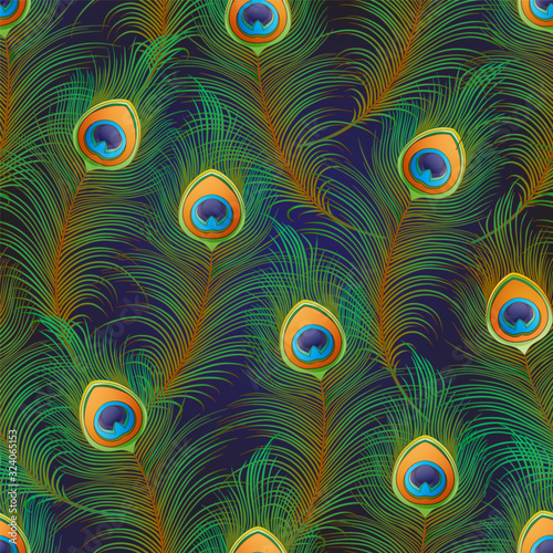 Peacock feathers Seamless pattern, background. Colored vector illustration on dark blue background