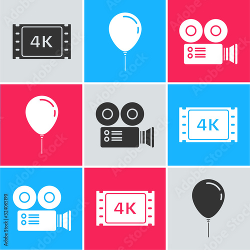 Set 4k movie, tape, frame , Balloon with ribbon and Cinema camera icon. Vector