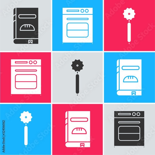 Set Cookbook , Oven and Pizza knife icon. Vector