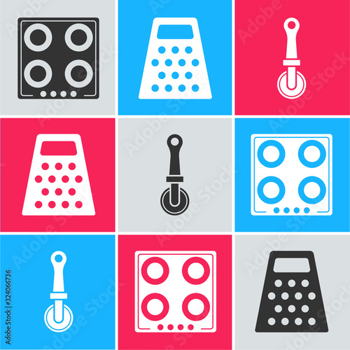 Set Gas stove , Grater and Pizza knife icon. Vector