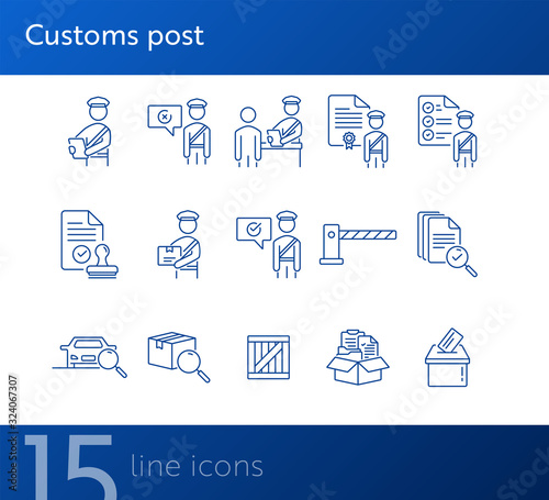 Customs post icons. Set of line icons. Document inspection, customs control, document box. Inspection concept. Vector illustration can be used for topics like immigration, shipment, logistics