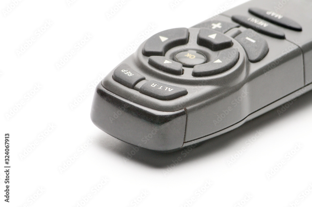 Remote control for digital TV tuners, music players, navigator and disk drives on a white background