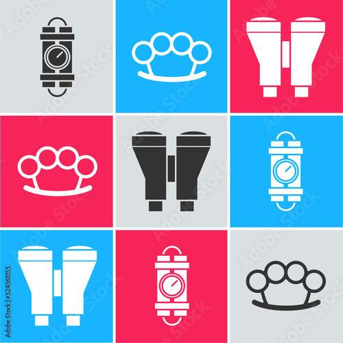 Set Detonate dynamite bomb stick and timer clock, Brass knuckles and Binoculars icon. Vector