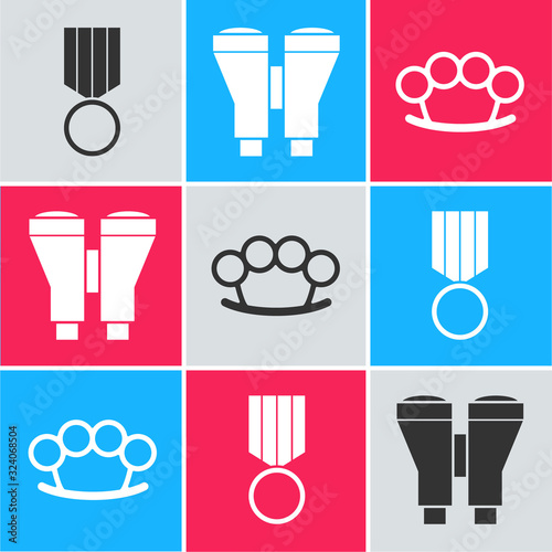 Set Military reward medal , Binoculars and Brass knuckles icon. Vector