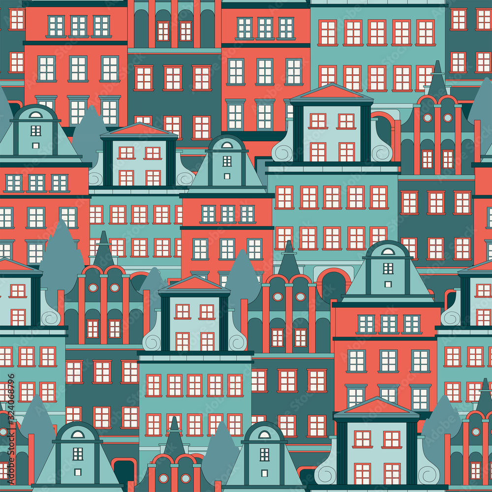 seamless pattern with colored european houses .