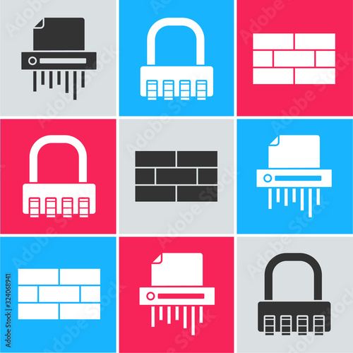 Set Paper shredder confidential, Safe combination lock and Bricks icon. Vector