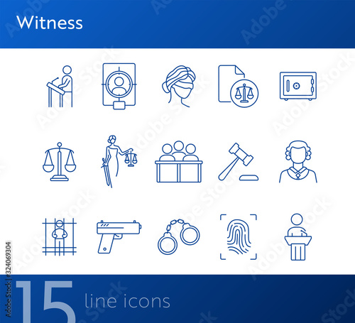 Witness line icon set. Scale, jury bench, judge, court. Justice concept. Can be used for topics like crime, trial, legal procedure