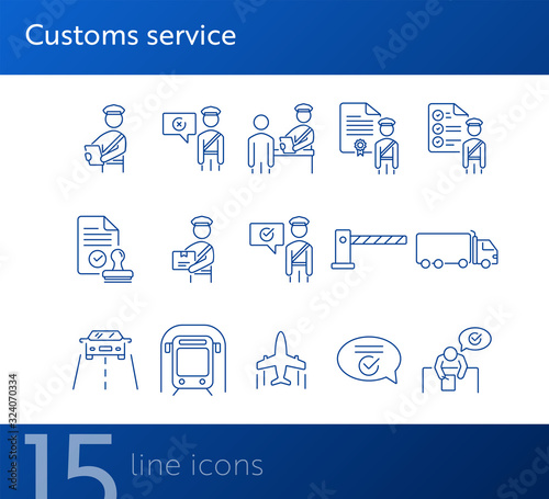 Customs service icons. Set of line icons. Check of package, truck, airplane, train. Logistics concept. Vector illustration can be used for topics like shipment, transportation, delivery