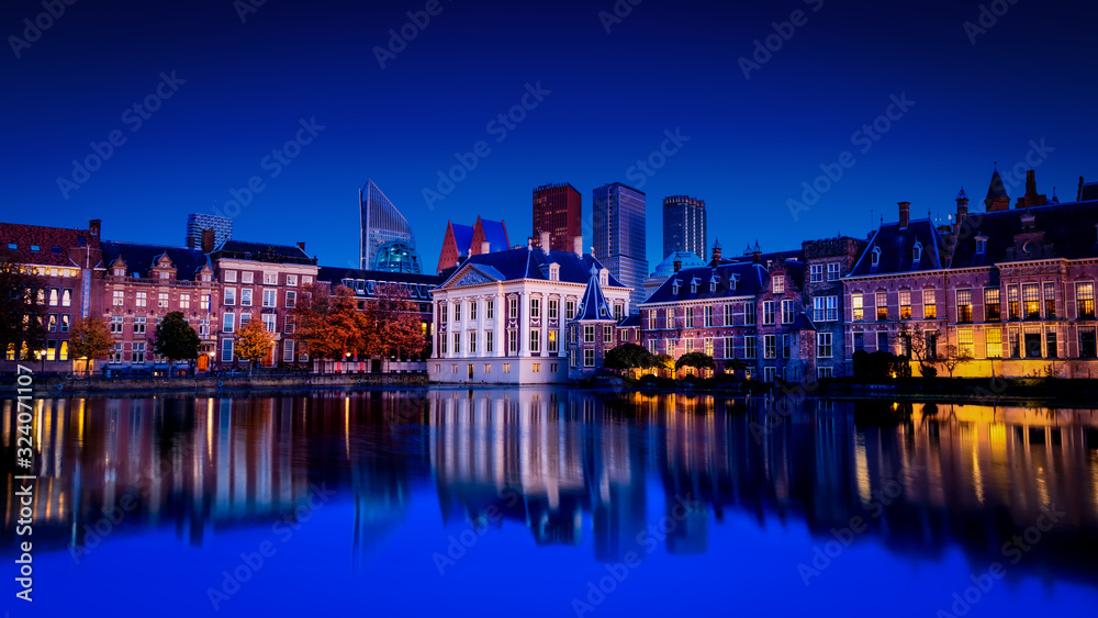Skyline Of The Hague Den Haag with the buildings of the Binnenhof Palace, Mauritshuis Museum and modern office towers.