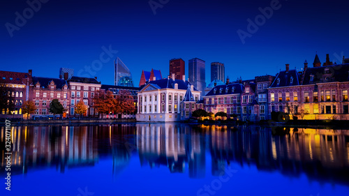 Skyline Of The Hague Den Haag with the buildings of the Binnenhof Palace  Mauritshuis Museum and modern office towers.