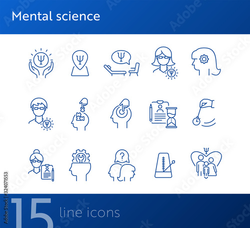 Mental science line icon set. Patient, psychologist, brain work. Psychology concept. Can be used for topics like psychoanalysis, mental activity, family therapy