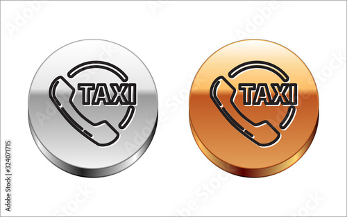 Black line Taxi call telephone service icon isolated on white background. Taxi for smartphone. Silver-gold circle button. Vector Illustration