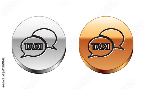 Black line Taxi call telephone service icon isolated on white background. Speech bubble symbol. Taxi for smartphone. Silver-gold circle button. Vector Illustration