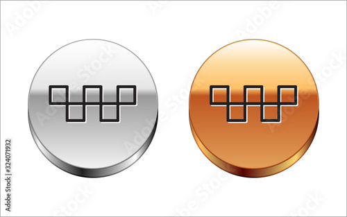 Black line Taxi car roof icon isolated on white background. Silver-gold circle button. Vector Illustration
