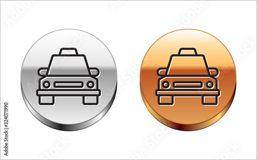 Black line Taxi car icon isolated on white background. Silver-gold circle button. Vector Illustration